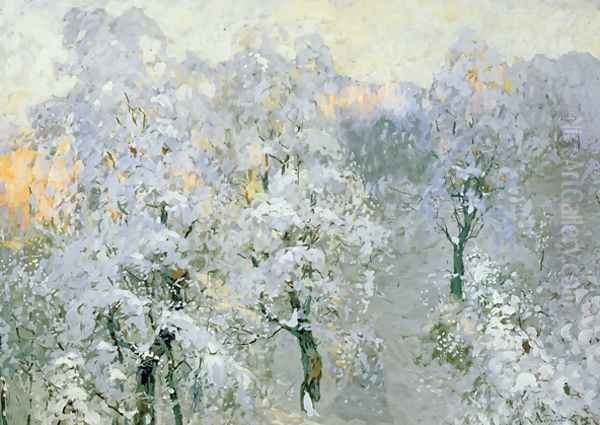 Trees in Wintry Silver Oil Painting by Konstantin Ivanovich Gorbatov