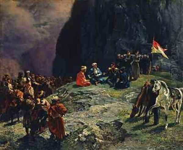 The Meeting of General Kluke von Klugenau and Imam Shamil in 1837 Oil Painting by Grigori Grigorevich Gagarin