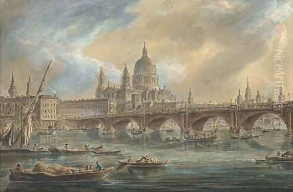 Saint Paul's Cathedral and Blackfriars Bridge seen from the Thames Oil Painting by Jean Baptiste Genillion