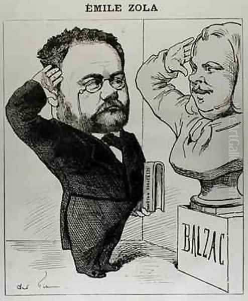 Caricature of Emile Zola 1840-1902 Saluting a Bust of Honore de Balzac 1799-1850 Oil Painting by Andre Gill