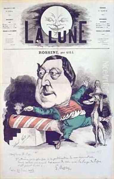 Front cover of La Lune magazine featuring a caricature of Rossini with a message and autograph of the composer Oil Painting by Andre Gill