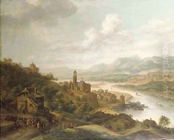 A Rhenish river landscape, with peasants dancing before an inn, a village with a church and shipping beyond Oil Painting by Robert Griffier