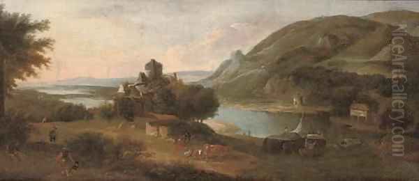 An extensive river landscape with a barge, figures, livestock and a ruined castle Oil Painting by Robert Griffier