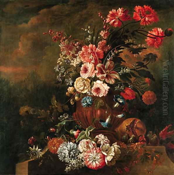 Tulips, narcissi, peonies, morning glory, roses and other flowers in a sculpted urn, on a ledge decorated with fruit and flowers in a landscape Oil Painting by Robert Griffier