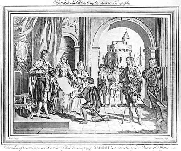 Christopher Columbus 1451-1506 presenting an account of his discovery of America to the King and Queen of Spain Oil Painting by Charles Grignion