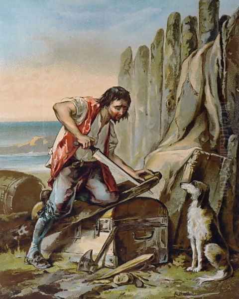 Robinson Crusoe Building his First Dwelling Oil Painting by E. Guillon