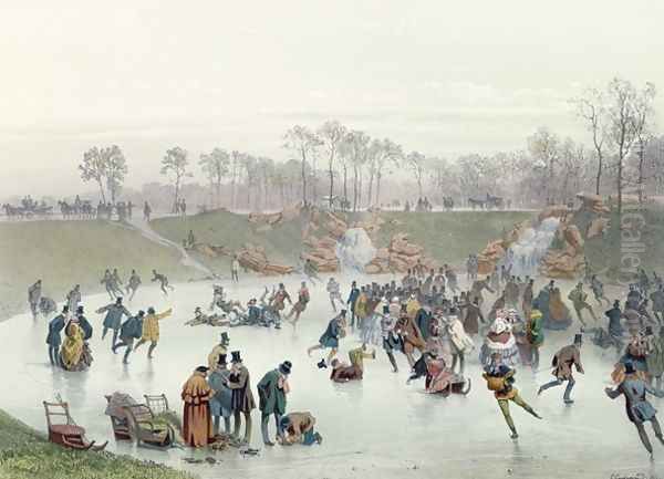 Skaters on the Lake at Bois de Boulogne Oil Painting by Eugene Charles Francois Guerard