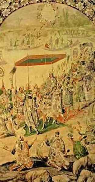 One of a pair of panels depicting the encounter between Hernando Cortes 1485-1547 and Montezuma 1466-1520 Montezuma and his followers Oil Painting by Miguel and Juan Gonzalez