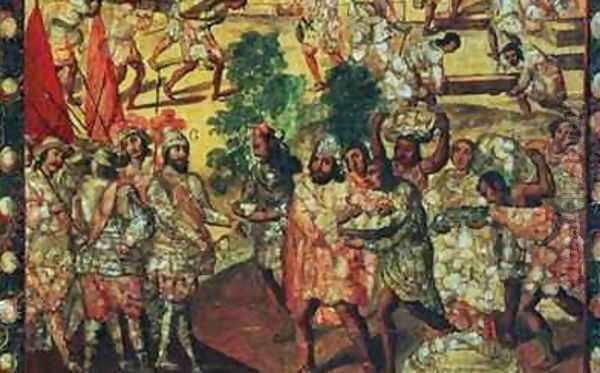 Detail of Hernan Cortes 1485-1547 Entering Cempoal and Receiving Chief Gordo Quauhtlaebana Who Gives Meat and Presents to all the Spaniards Oil Painting by Miguel Gonzalez