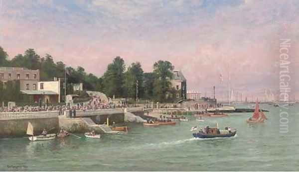 Big-class yachts racing at the regatta at Cowes, elegant figures on the esplanade Oil Painting by George Gregory