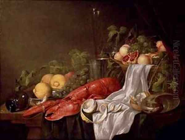 Still life of fruit and a lobster on a cloth draped table Oil Painting by Jasper Geerards