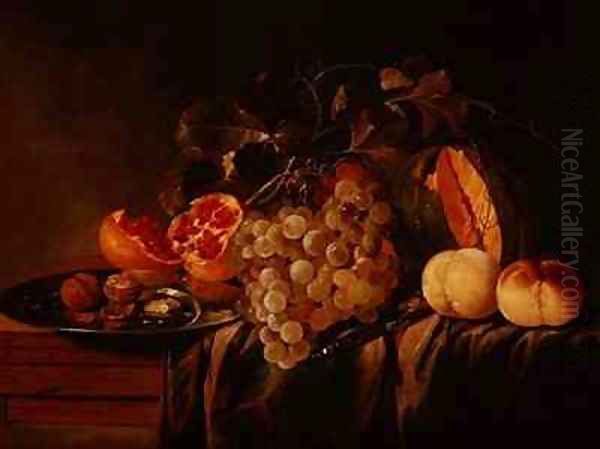 Still life of melon grapes pomegranate walnuts on a pewter plate and peaches Oil Painting by Jasper Geerards