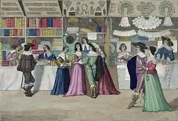 Shops in the Gallery of the Palais de Justice at the time of Louis XIII Oil Painting by Garcia