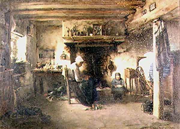 Interior of a peasant cottage Oil Painting by T. Grondard