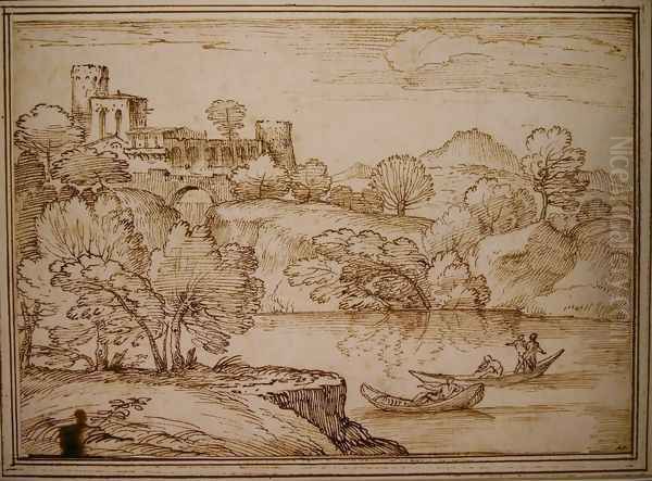 Classical landscape with boats on a lake below a castle Oil Painting by Giovanni Francesco Grimaldi