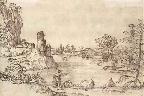 A landscape with boatmen by a lake and a village seen beyond Oil Painting by Giovanni Francesco Grimaldi