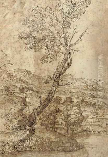 An extensive landscape with a tree Oil Painting by Giovanni Francesco Grimaldi