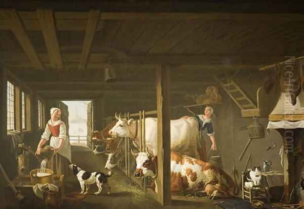 Milking in Winter Oil Painting by Jan van Gool