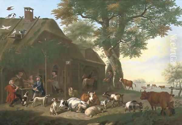 An elegant company by a tavern, with cows, sheep, goats and other animals Oil Painting by Jan van Gool