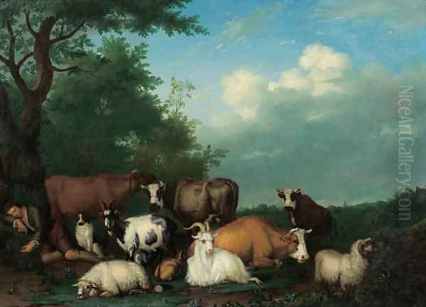 A shepherd with sheep, goats and cows in a meadow at the edge of a wood by Jan van Gool