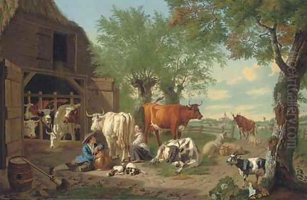 A farmyard with a milkmaid and a herdsman Oil Painting by Jan van Gool