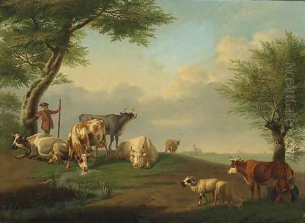 A Herdsman and Cattle with a Milkmaid in a River Landscape Oil Painting by Jan van Gool