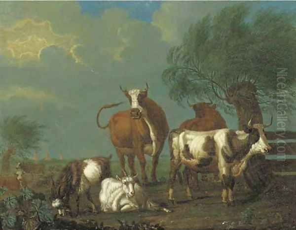 A pastoral landscape with cattle and goats by a fence Oil Painting by Jan van Gool