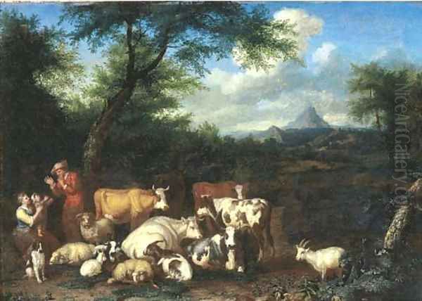 A wooded landscape with a herdsman and shepherdess resting with their flocks Oil Painting by Jan van Gool