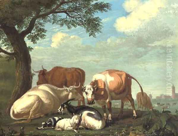 Cows and goats resting by a tree, a village beyond Oil Painting by Jan van Gool