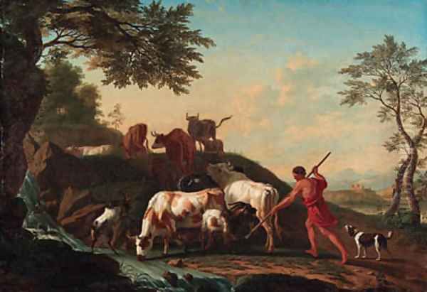 A herdsman with cattle and goats by a stream Oil Painting by Jan van Gool