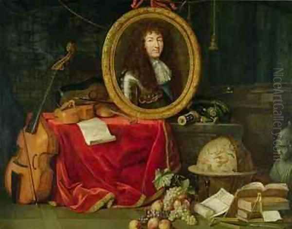 Still life with portrait of King Louis XIV 1638-1715 surrounded by musical instruments flowers and fruit Oil Painting by Jean Garnier