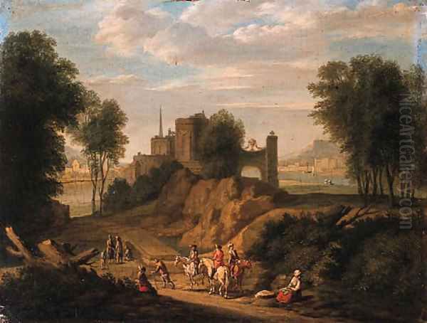 Rhenish landscapes with travellers and peasants on sandy tracks, classical buildings beyond Oil Painting by Norbert Joseph Carl Grund