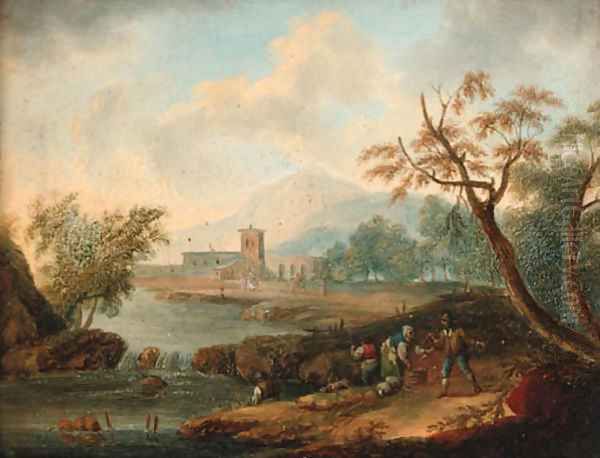 An extensive river landscape with anglers on a bank Oil Painting by Norbert Joseph Carl Grund