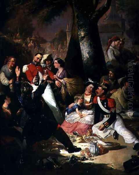 Soldiers Picnicking with their ladies Oil Painting by Manuel Roderiguez Guzman