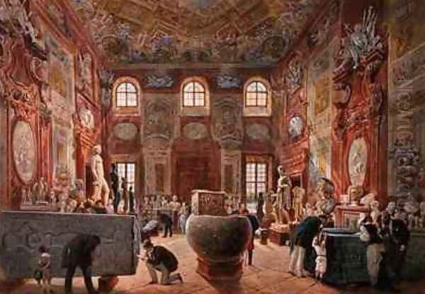 The Marble Room with Egyptian Greek and Roman Antiquities of the Ambraser Gallery in the Lower Belvedere Oil Painting by Carl Goebel