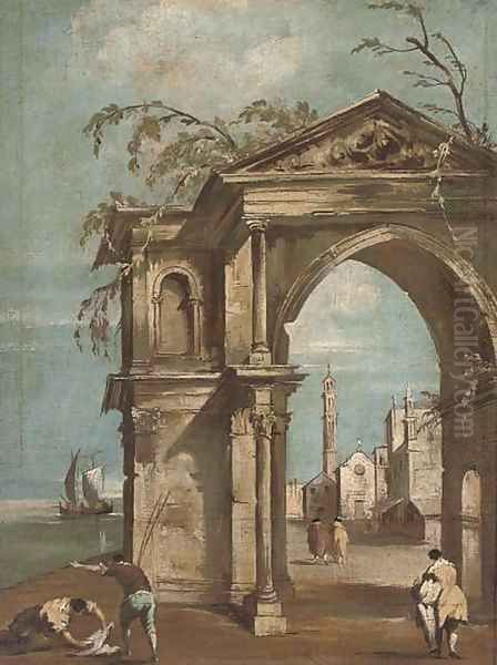 A Venetian capriccio with figures by a classical arch Oil Painting by Francesco Guardi