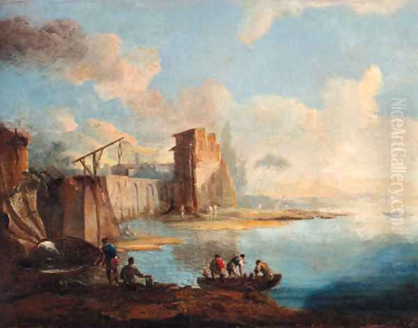 A capriccio view of a Venetian lagoon Oil Painting by Francesco Guardi