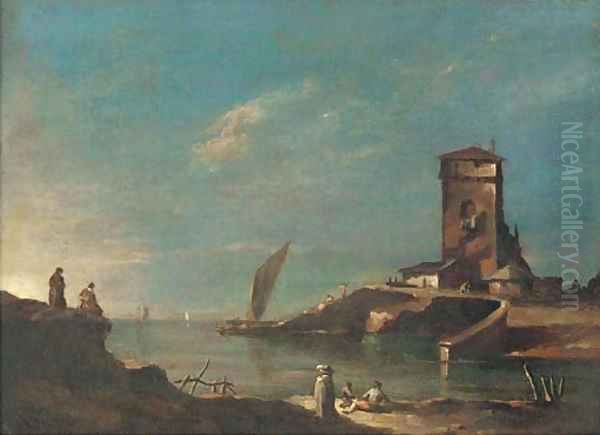 A capriccio with a tower, figures in the foreground Oil Painting by Francesco Guardi