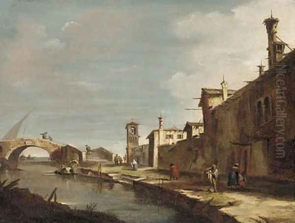 A Venetian canal with figures on a path Oil Painting by Francesco Guardi