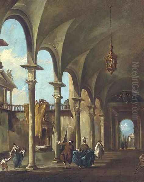 A Venetian courtyard with elegant company under a colonnade Oil Painting by Francesco Guardi