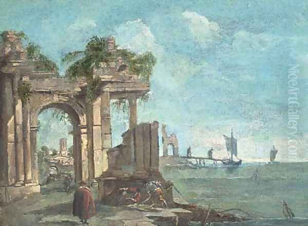 A capriccio of a Mediterranean harbour with figures amongst classical ruins Oil Painting by Francesco Guardi