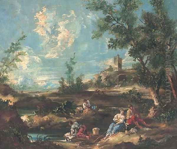 A landscape with anglers by a river, a town beyond Oil Painting by Francesco Guardi