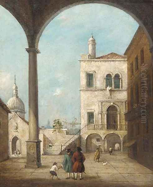 A Venetian courtyard with figures under a colonnade Oil Painting by Francesco Guardi