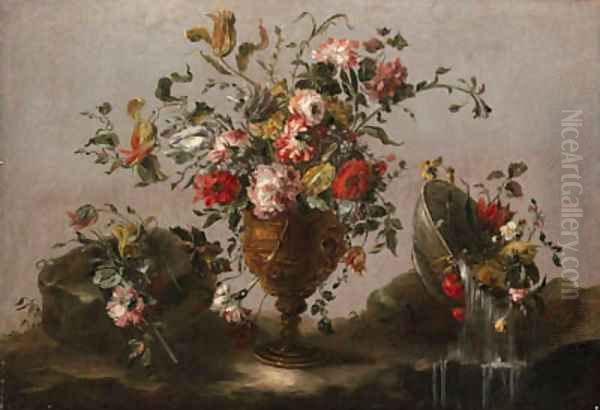 Parrot tulips, roses and other flowers in an urn, flowers in a bowl with water spilling out and a bunch of flowers on a rocky bank Oil Painting by Francesco Guardi