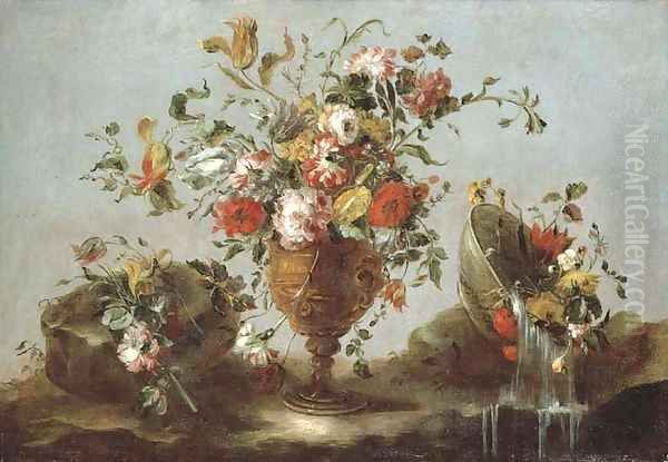 Roses, peonies and tulips in a gold sculpted urn with flowers in a pewter bowl by a rock pool Oil Painting by Francesco Guardi