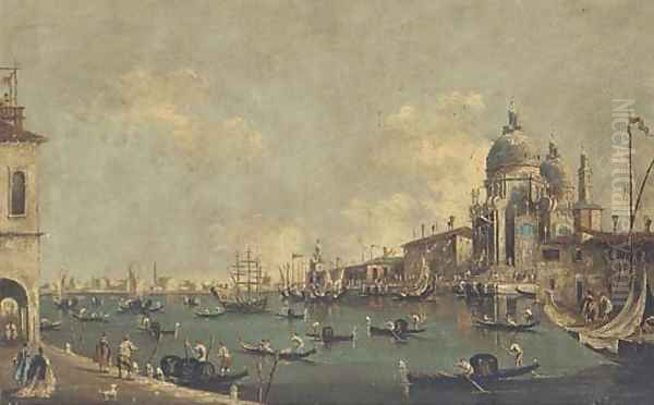 Gondolas and other shipping at the entrance to the Grand Canal before Santa Maria della Salute Oil Painting by Francesco Guardi