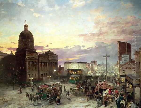 Washington Street Indianapolis at Dusk Oil Painting by Theodor Groll