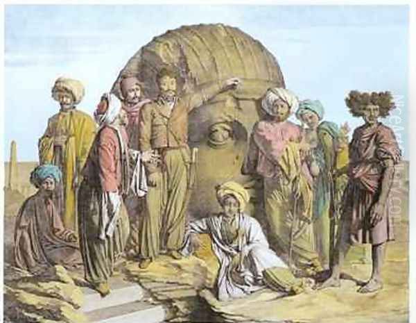 Monsieur Drovetti and his followers using a plumb line to measure a colossal head in the Egyptian desert Oil Painting by Granger