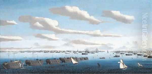 A panorama of Portsmouth harbour with hulks in line ahead and the fleet at anchor, including warships of the American and Spanish navies Oil Painting by Ambroise-Louis Garneray