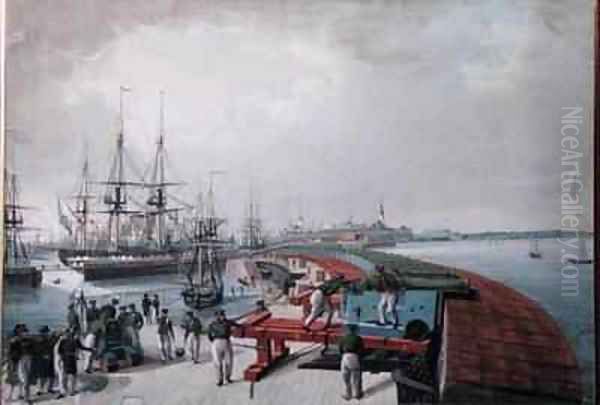 View of Revel the harbour and the Russian coast artillery Oil Painting by Johann Gau